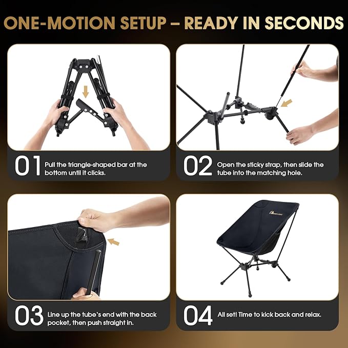 MOON LENCE Portable Snap-Lock Camping Chair, Folding Compact Chair, Lightweight Foldable Backpacking Support 330 lbs (Black)