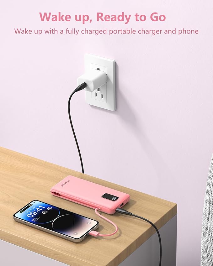 Charmast Portable Charger with Built-in Cables & Wall Plug, 10000mAh Portable Power Bank, External Battery Pack Travel Essentials Compatible with iPhone 16/15/14/13, Samsung, iPad etc