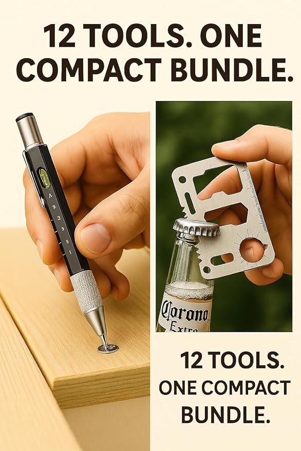 12-in-1 Tool Pen & Stainless Steel EDC Wallet Card Tool Gift Set | Multitool Duo Everyday Carry Survival Gadget for Men & Women (2-pack)