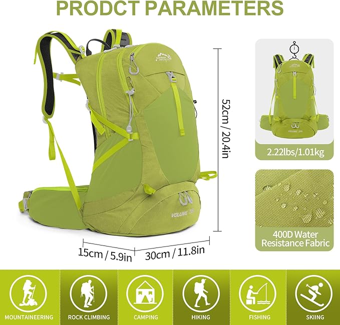 Hiking Backpack, Waterproof Hiking Daypack with 3L Water Bladder and Rain Cover, Lightweight Travel Camping Backpack for Men Women (Fruit green)