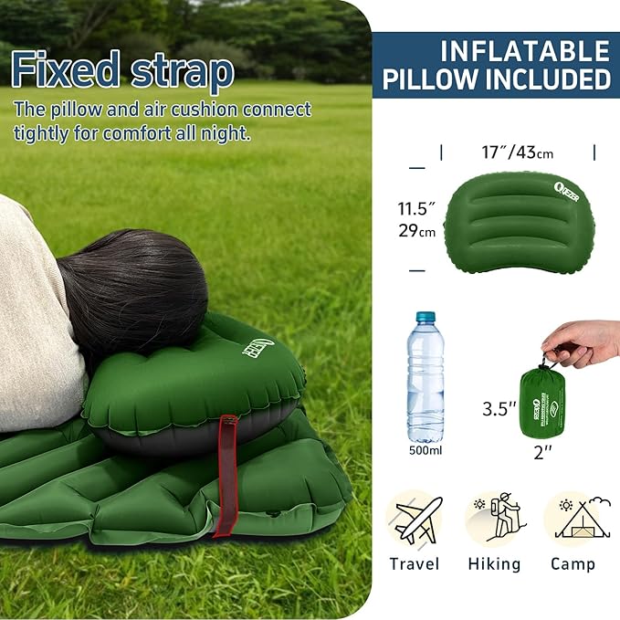 Ultralight Backpacking Sleeping Pad for Camping, with Inflatable Neck Camping Pillow, Lightweight Inflatable Sleeping Pad for Adults, Portable for Hiking, Car Travel - Durable & Comfortable