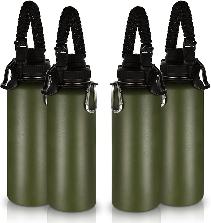 Volhoply Insulated Water Bottles Bulk 8 Pack, 40 oz Stainless Steel Sports Bottle with Paracord Handle & Spout, Vacuum Metal Travel Cups with Wide Mouth,Reusable Large Water Cup(Army Green,4 Set)
