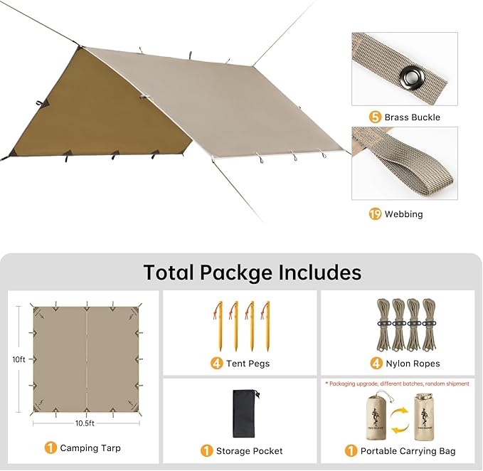 FREE SOLDIER Camping Tarp Waterproof Portable Multifunctional Outdoor Traveling Awning Backpacking Shelter Rain Tarp (Beige 10×10.5ft)