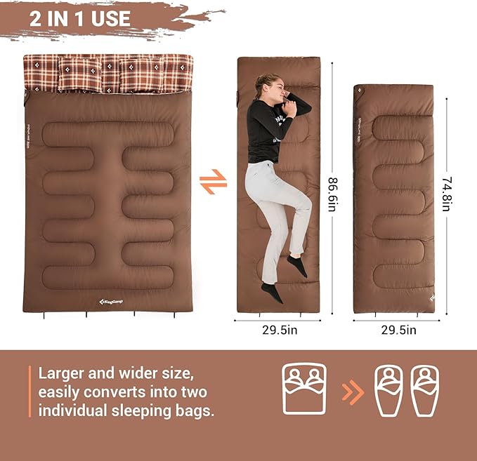 KingCamp Double Sleeping Bag for Adults, Queen Size 2 Person XXL Flannel Sleeping Bag, Waterproof Lightweight Flannel Quilt with 2 Pillows, Perfect for Couples Family Camping Hiking