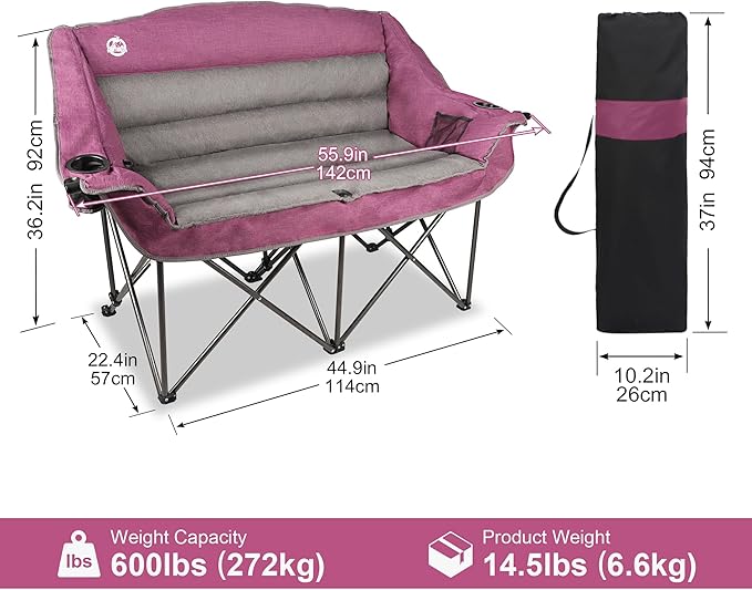 Northroad Oversized Double Camping Chair, Fully Padded Loveseat, Heavy Duty Folding Duo Chair w/Cup Holders, Armrests & Carry Bag, Supports up to 600lbs, Purple