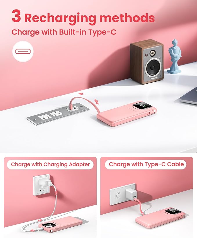 Portable Charger Power Bank with Built-in Cables, 22.5W Fast Charging 10000mAh Phone Charger, Travel Battery Pack Slim Battery Bank with Smart LED Display for iPhone, Android & USB-C Devices (Pink)