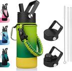 BJPKPK Water Bottle with Straw Lid, 18oz Insulated Water Bottles with 3 Lids, Paracord Handle & Non-slip Boot,Stainless Steel Metal Thermo,BPA Free Leak Proof Tumblers,Bamboo Grove