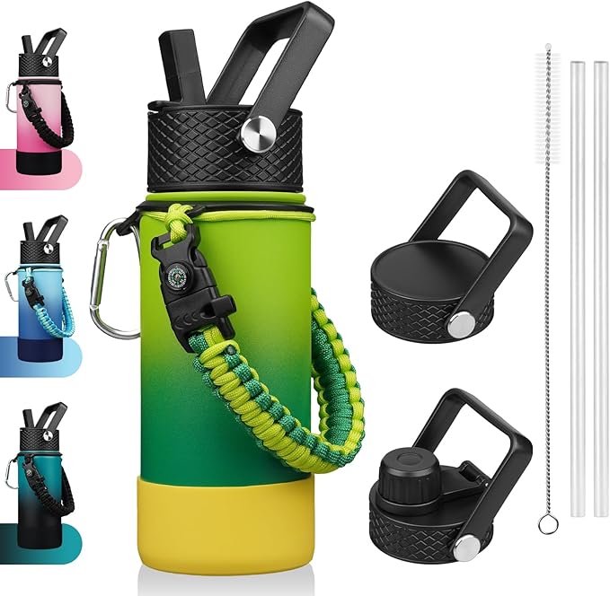 BJPKPK Water Bottle with Straw Lid, 18oz Insulated Water Bottles with 3 Lids, Paracord Handle & Non-slip Boot,Stainless Steel Metal Thermo,BPA Free Leak Proof Tumblers,Bamboo Grove