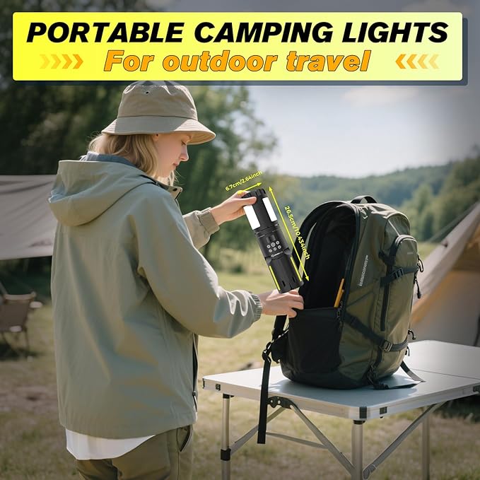 Portable Camping Lights with Stand, 5000LM Rechargeable LED Flashlight, 9 Color Modes, Collapsible Camping Lantern Tent Light with Magnetic Base for Power Outages, Camping & Emergency(Black)