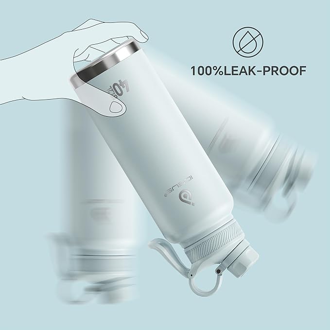 IDEUS Insulated Stainless Steel Water Bottle with 2 Leak-Proof Lids, Thermal Water Flask for Hiking Biking, 40oz, Light Blue