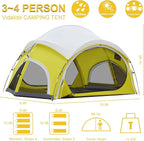 Vidalido 3-4 Person Camping Tent with 2 Large Mesh Door 4 Mesh Window Family Tents, Double Layer Waterproof Portable Easy Setup Camp Tent, Canvas Dome Tents for Camping Outdoor Hiking and Backpacking