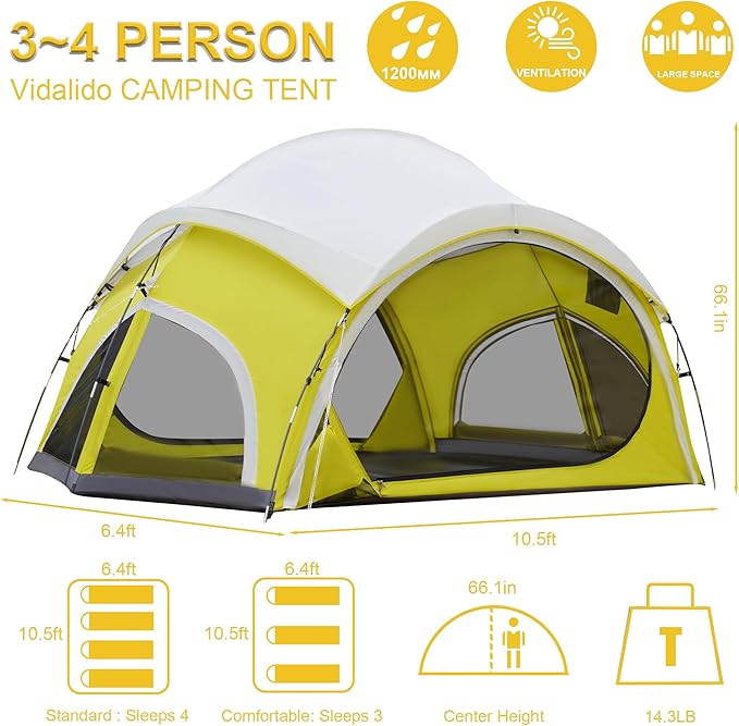 Vidalido 3-4 Person Camping Tent with 2 Large Mesh Door 4 Mesh Window Family Tents, Double Layer Waterproof Portable Easy Setup Camp Tent, Canvas Dome Tents for Camping Outdoor Hiking and Backpacking