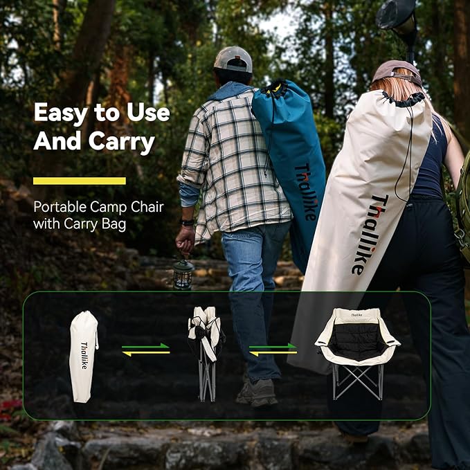 Oversized Camping Chair, Portable Folding Padded Camping Chairs with Cup Holder and Carry Bag, Heavy Duty Outdoor Camping Chairs for Adults, Up to 400Lb, for Fishing (Black-2 Pack)