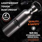 Tactiko Survival Stainless Steel Wide Mouth Water Bottle, Single Wall Boil-Safe, Leakproof, BPA-Free with Carry Sleeve and Strap for Camping, Hiking, Outdoor Prep (Black, 34 oz / 1000 ml)