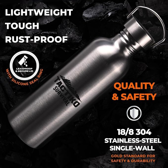Tactiko Survival Stainless Steel Wide Mouth Water Bottle, Single Wall Boil-Safe, Leakproof, BPA-Free with Carry Sleeve and Strap for Camping, Hiking, Outdoor Prep (Black, 34 oz / 1000 ml)