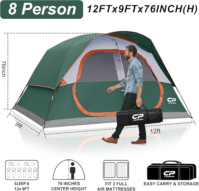 CAMPROS CP Tent 8 Person Camping Tents, Waterproof Windproof Family Tent with Top Rainfly, Large Mesh Windows, Double Layer, Easy Set Up, Portable with Carry Bag, for All Seasons