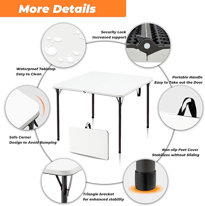 34" Camping Table, Portable Square Camping Card Table with Collapsible Legs & Carrying Handle, Plastic Tables for Outdoor Cooking,Camping,Picnic, Office, Party, White