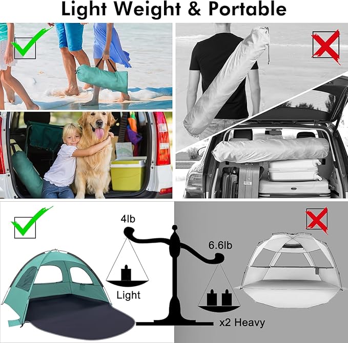 WhiteFang Beach Tent Anti-UV Portable Sun Shade Shelter for 3/4/6/8 Person, Extendable Floor with 3 Ventilating Mesh Windows Plus Carrying Bag, Stakes and Guy Lines