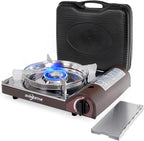 SHINESTAR 14000 BTU Butane Camping Stove, Double Wind-Guard Portable Stove for Outdoor Cooking, Carrying Case Included, Brown