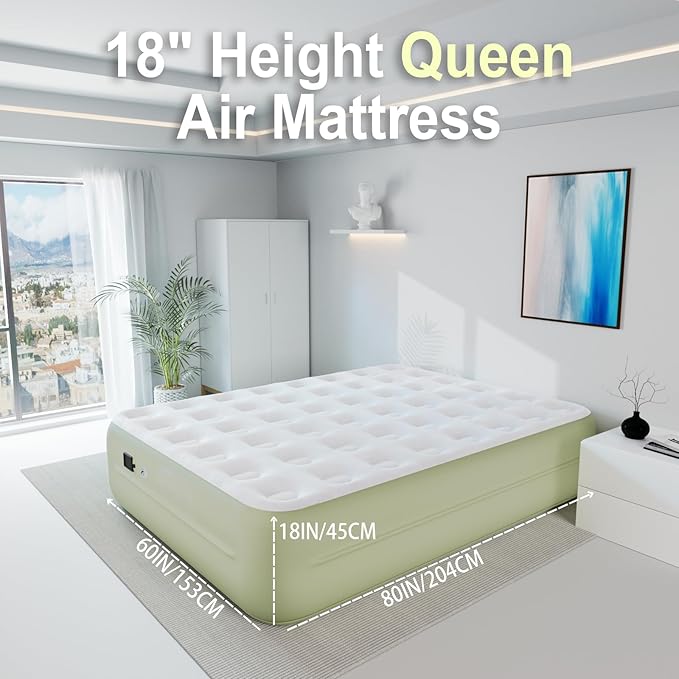 Air Mattress with Battery Pump, Rechargeable USB-C Electric Pump, Dutch Velvet Surface Self Inflatable Mattress Queen, Portable Air Bed for Camping, Indoor and Outdoor (18" Green)