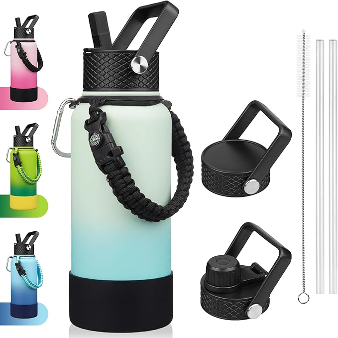 BJPKPK 32oz Insulated Water Bottles with 3 Lids, Paracord Handle & Non-slip Boot, Stainless Steel Metal Water Bottle,Reusable BPA Free Thermo, Tumblers, Mint