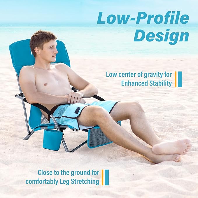 Homcosan Portable Low Folding Beach Chair - Lightweight Camping Chair for Adults with Cup Holder & Storage Pocket, Carry Bag Included (Blue)