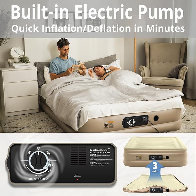 Simpli Comfy 18” Queen Inflatable Air Mattress with Built-in Dual Pump, Adjustable Firmness, Foldable Blow-Up Mattress with Storage Bag, Self-Inflating Air Mattress for Home, Guest, Travel, Camping