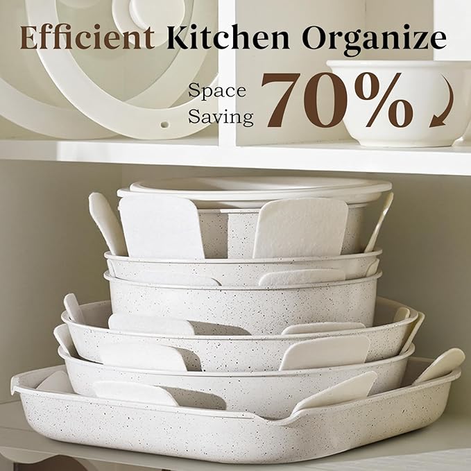 20 Pcs Pots and Pans Set Non Stick, Stackable Cookware Sets with Detachable Handle, Granite Induction RV Kitchen Portable Cooking Set Removable Handles, Dishwasher ＆ Oven Safe, Cream White