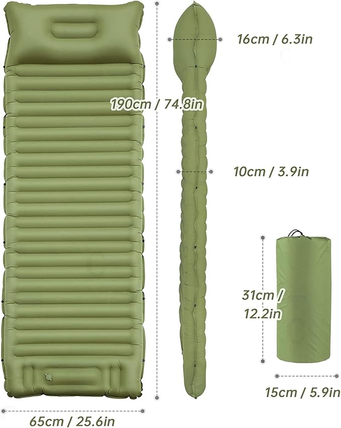 Single Self-Inflating Camping Mattress, with Pillow and Built-in Foot Pump, Comfortable & Portable for Backpacking, Hiking and Camping with Portable Storage Bag