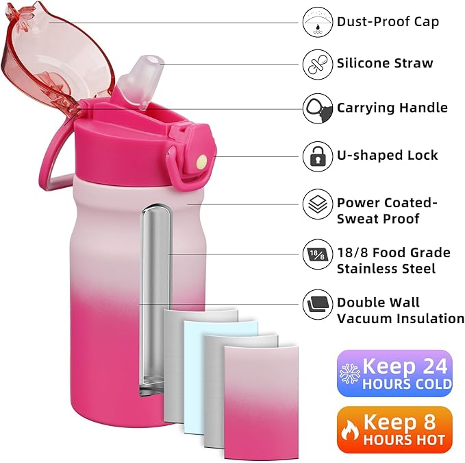 BJPKPK Insulated Water Bottle 14oz Stainless Steel Water Bottles With Straw And Carry Handle Double Wall Metal Thermo,Cherry Blossom