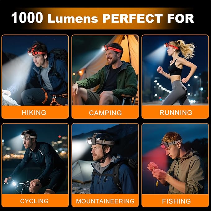 LED Headlamp Rechargeable Battery Powered Hard Hat 5 Light Mode 1000 Lumen Usb C Waterproof Bright Outdoor Camping Essential Fishing Gear Hiking Accessories Hunting Running Survival Power Outage Gifts