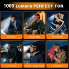LED Headlamp Rechargeable Battery Powered Hard Hat 5 Light Mode 1000 Lumen Usb C Waterproof Bright Outdoor Camping Essential Fishing Gear Hiking Accessories Hunting Running Survival Power Outage Gifts