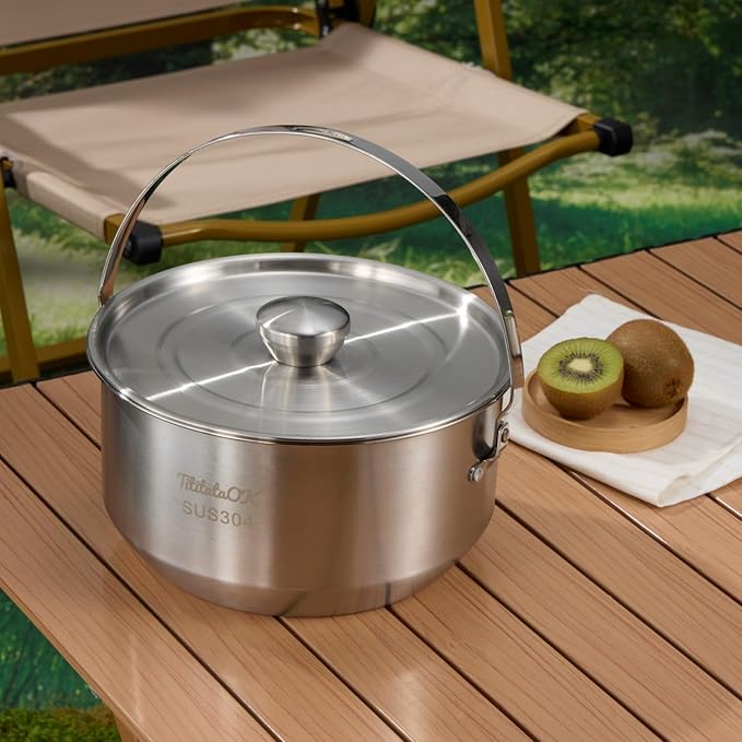 Camping Cookware Set 304 Stainless Steel 10pcs Pots & Pans,Kettle, Travel Mesh Bag for Camping, Trekking, Backyard Picnic & Backpacking Gear