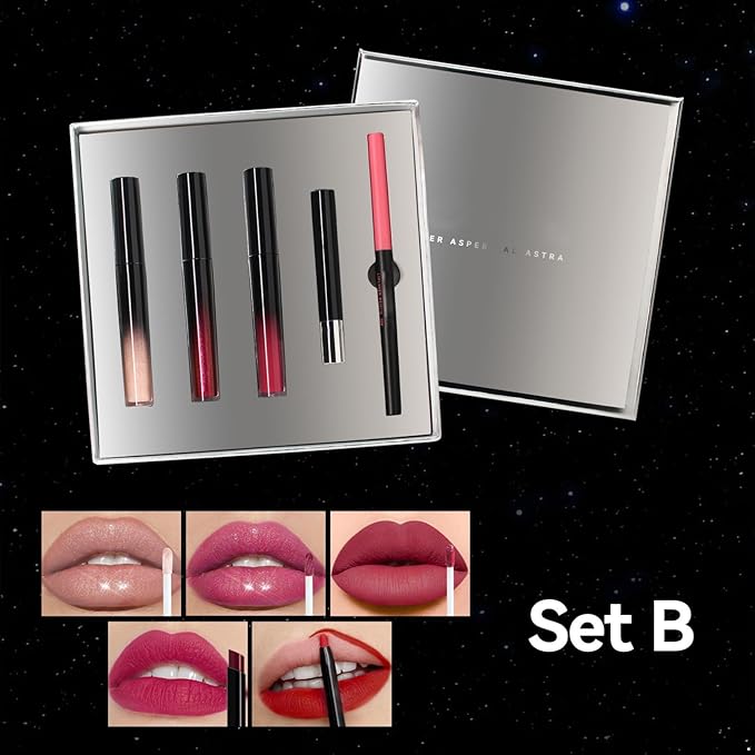 FEESHOW 5-Piece Lip Makeup Kit for Women | Long-Lasting Hydrating Formula with Lipstick, LipGloss, Lip Liner | Daily Beauty Essential Set B One Size