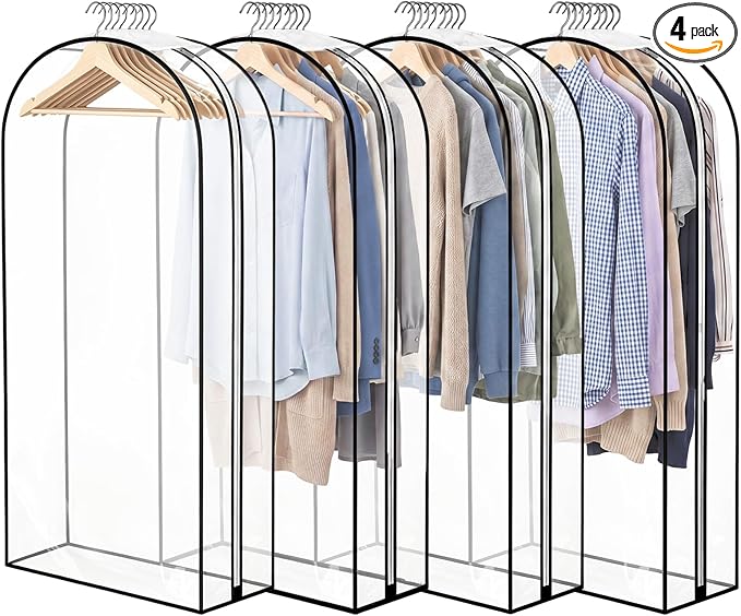 Dntorx 4 Pack Full Clear Garment Bags with Side Zipper, 50" Clothes Covers with 10" Gusset, Transparent Hanging Suit & Coat Covers for Closet Storage, Jackets, Dresses, Windbreakers