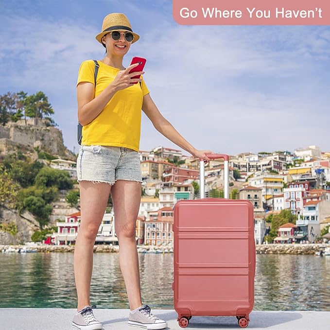 Kono 4 Piece Luggage Sets Expandable(only 28") Lightweight with Spinner Wheels TSA Lock Hardside Travel Rolling Suitcases 20in 24in 28in Carry on and 12in Mini Cosmetic Case Coral Pink