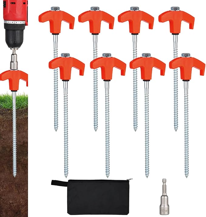 8 Pack Screw in Tent Stakes Heavy Duty,8 Inch Ground Anchors Screw in,Metal Stakes with Hex Head Driver,Camping Tent Accessories.(Orange)