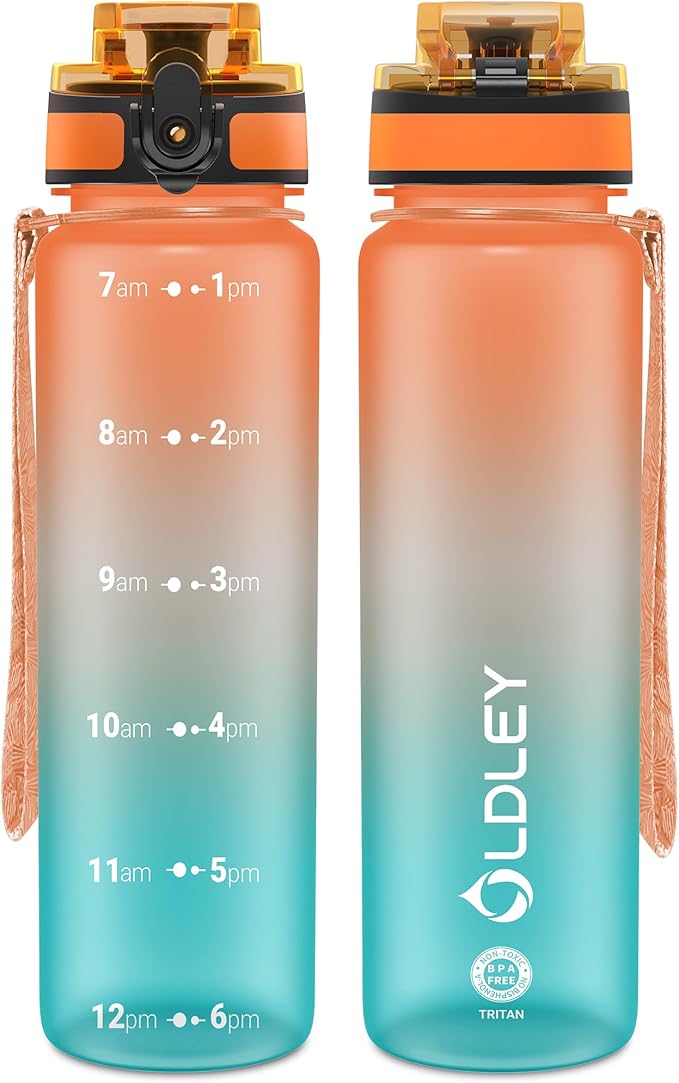 OLDLEY 32 oz Water Bottle, Motivational Water Bottle with Time Marker, Sports Water Bottle With Strap, Leakproof & BPA Free Large Water Bottles for School, Gym, Travel, Outdoor, Tritan,Orange&Green