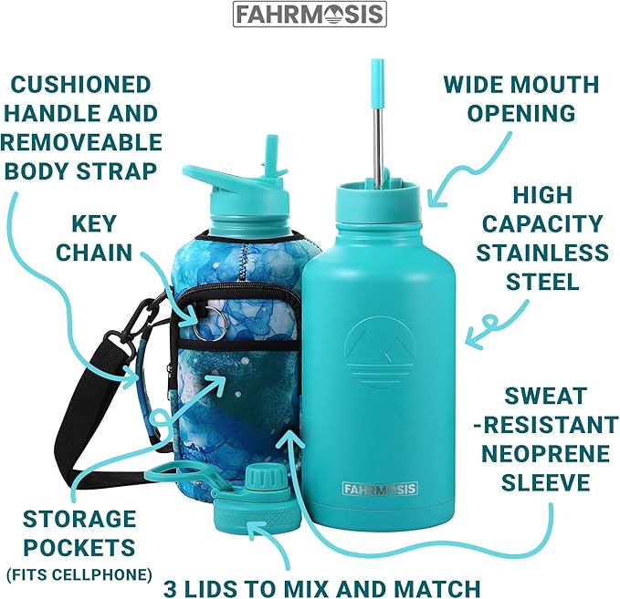 64 Oz Insulated Water Bottle with Strap Stainless Steel Sports Water Bottle with 3 Lids (Straw, Chug and Flip Lid) Leak Proof Metal Half Gallon Jug for Men & Women - Teal