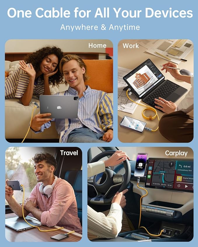 4 in 1 USB C Cable 100W Compatible With Lightning Cable Fast Charging & Data Transfer, Multi Charger Cord Combo for iPhone iPad Charger Wire with L/Type C/USB A for iPhone 17/16/15/Macbook,5FT