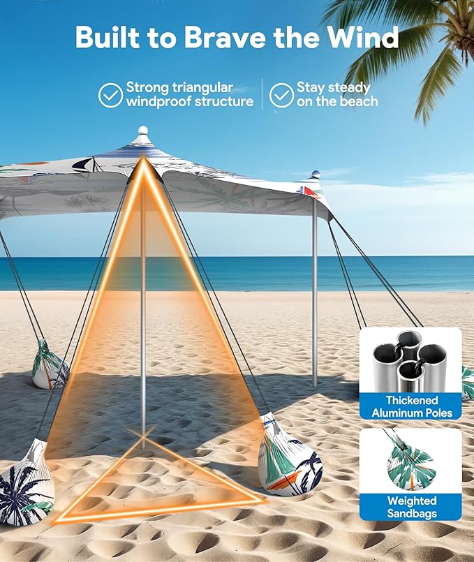 Beach Tent Sun Shelter, 10 x 10 FT Beach Canopy Tent Sun Shade, UPF50+ Tents Canopy with 8 Sandbags & 4 Stability Poles, Outdoor Tents for Camping Fishing, Boat