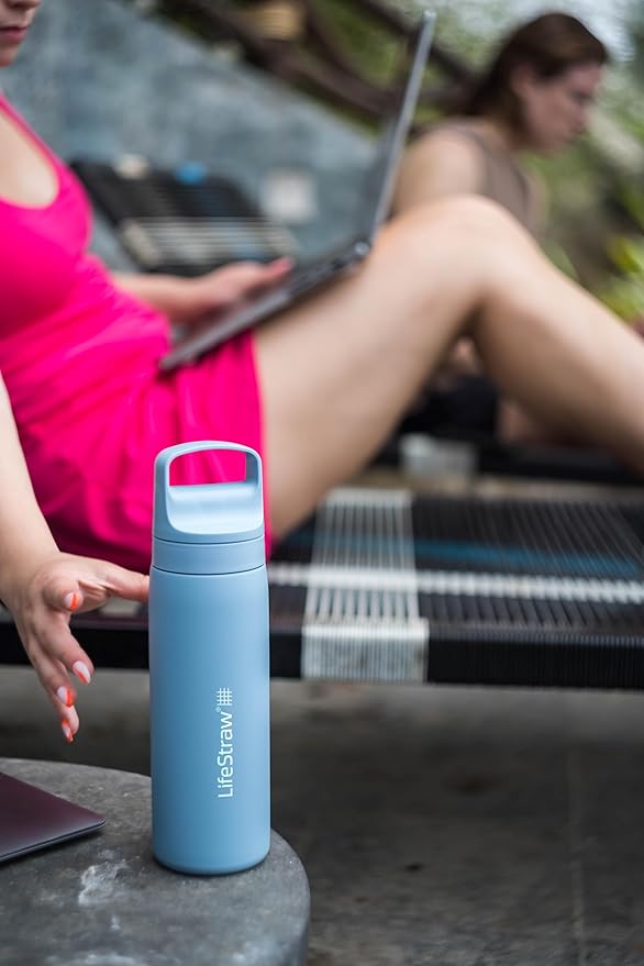 LifeStraw Go Series – Insulated Stainless Steel Water Filter Bottle for Travel and Everyday Use, Removes Bacteria, Parasites and Microplastics, Improves Taste, 18oz Icelandic Blue