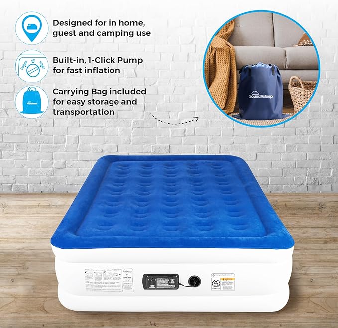 SoundAsleep Products Dream Series Luxury Air Mattress, ComfortCoil Technology, Built-in High Capacity Pump for Home, Camping- Double Height, Adjustable, Inflatable Blow Up, Portable (Full Size)