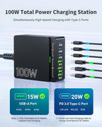 USB C Charger Block Charging Station: 100W 6 Port GaN Fast Charging Brick Hub Cube Box - PD 3.0 Type C & USB A Wall Charger Power Adapter for All iPhone 17 iPad Samsung Android Pixel Series