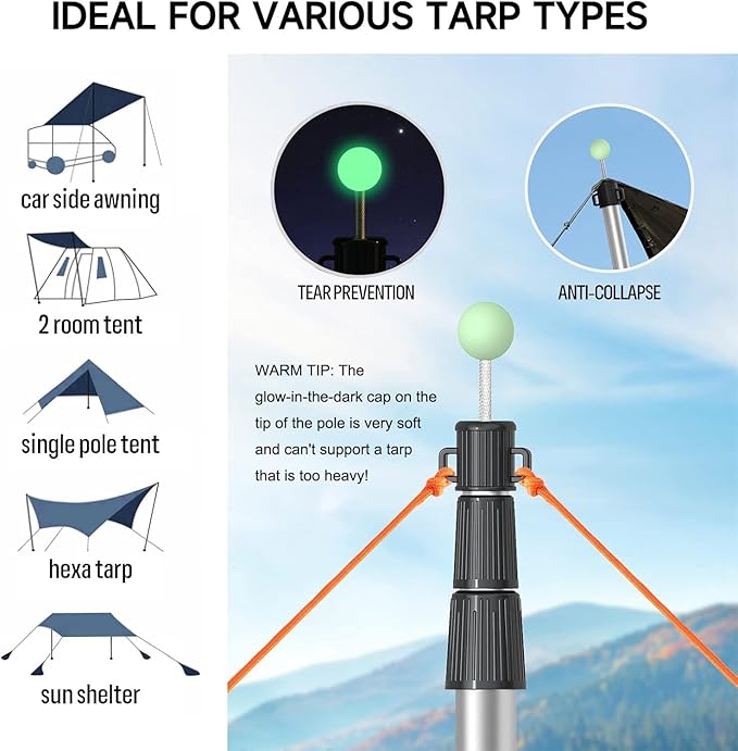 SANLIKE Telescoping Tarp Poles Tent Poles, 96" Aluminum Canopy Poles Extendable Pole for Awning Shelter Camping Hiking Backpacking, Luminous Tip Cap Design, Set of 2, Silvery