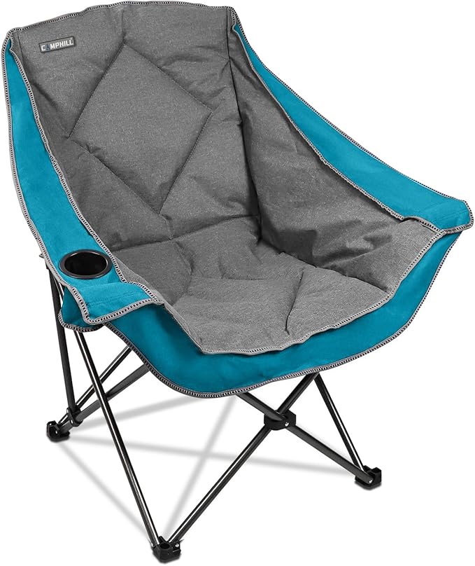 Folding Camping Chair,Oversized Portable Camping Chair with Cup Holder,Heavy Duty Padded Lawn Chair for Camping,Tailgates,Beach,and Sports,Lake Blue