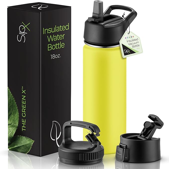 SipX™ Triple-Insulated Stainless Steel Water Bottle 18oz. With 3 Lids, BPA-Free Reusable Insulated Water Bottle Keeps Cold 24 Hours, (Yellow)