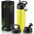 SipX™ Triple-Insulated Stainless Steel Water Bottle 18oz. With 3 Lids, BPA-Free Reusable Insulated Water Bottle Keeps Cold 24 Hours, (Yellow)