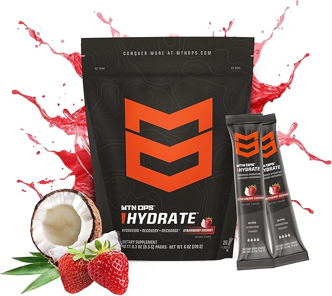 MTN OPS Hydrate Electrolytes Powder Drink Mix, 20 Single Serving On-The-Go Electrolyte Packs with Over 1000mg of Electrolytes per Serving, Strawberry Coconut