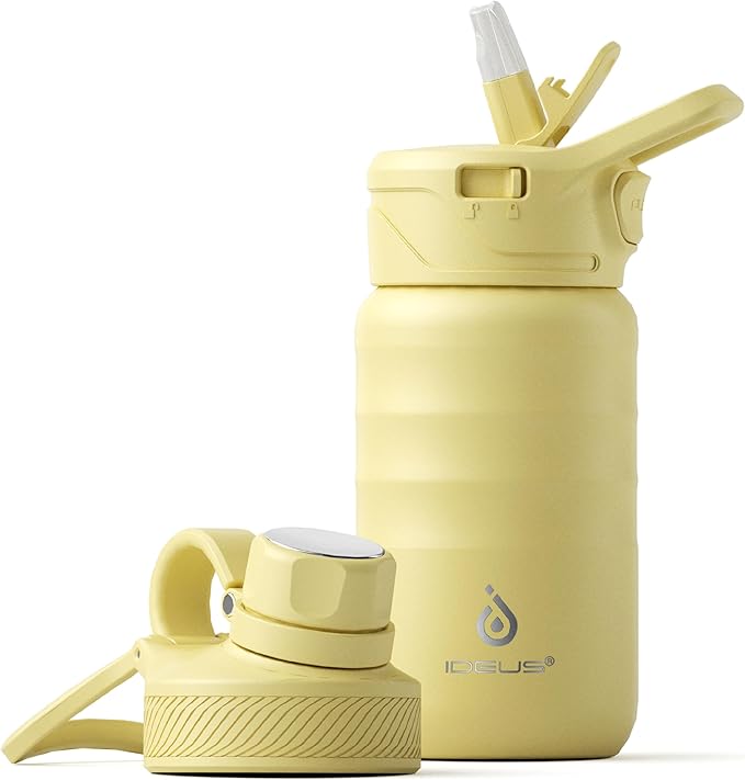 IDEUS Insulated Water Bottle 12oz, Stainless Steel Insulated Water Bottle For School, Insulated Bottles With Straws Leakproof, Vacuum Double Wall Water Bottles For Boys And Girls With 2 Lids, BPA Free